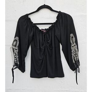 Vintage Euro Y2K Top Medium Black Ivory Boho Embroidered Whimsigoth Dark Fairy